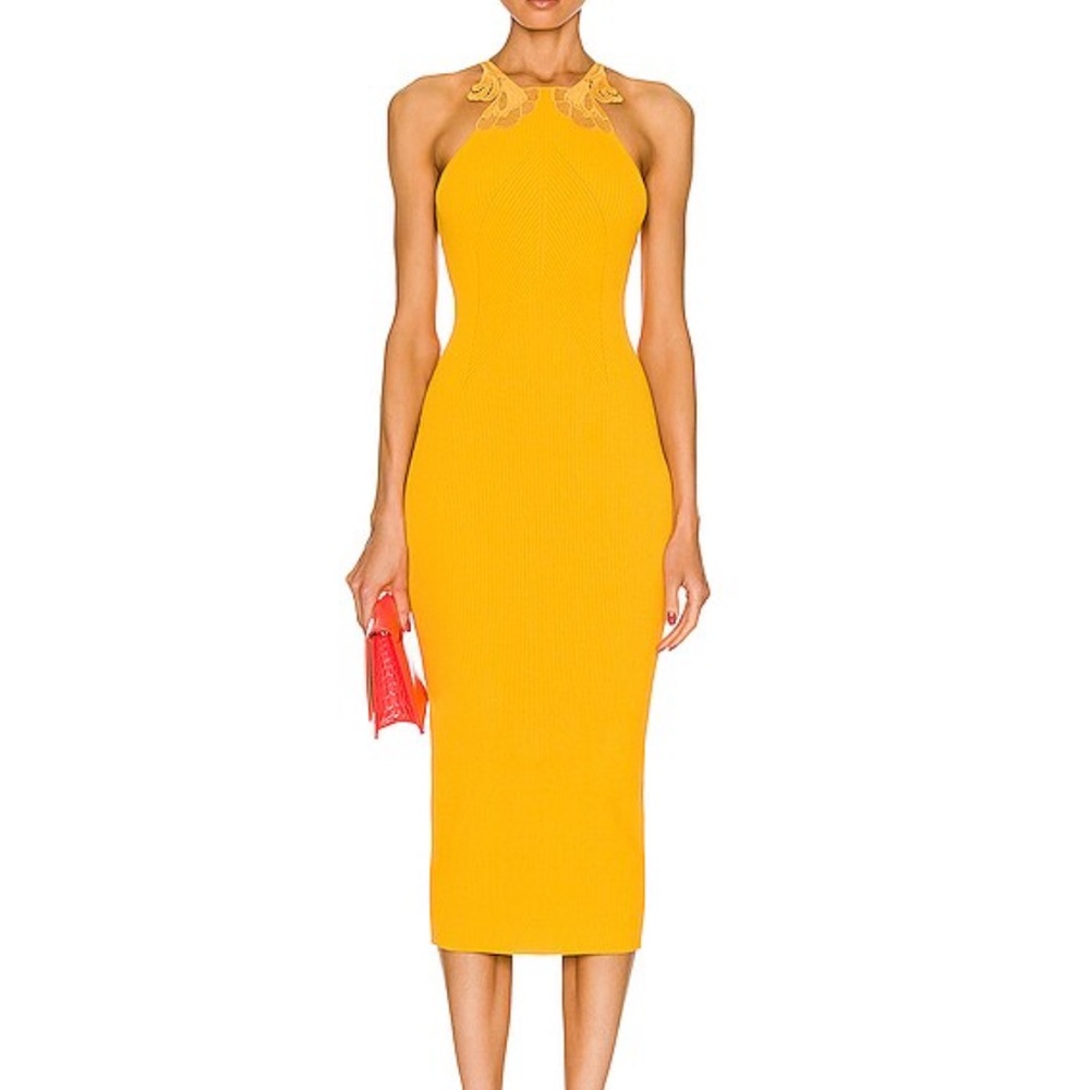 Self-Portrait Lace Insert Knit Canary Yellow Midi Dress NWOT